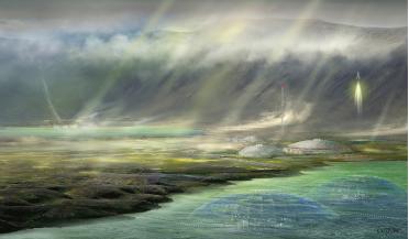 A future view of Mars where the sheltered Omaha Crater is being terraformed. Painting by James Vaughan.